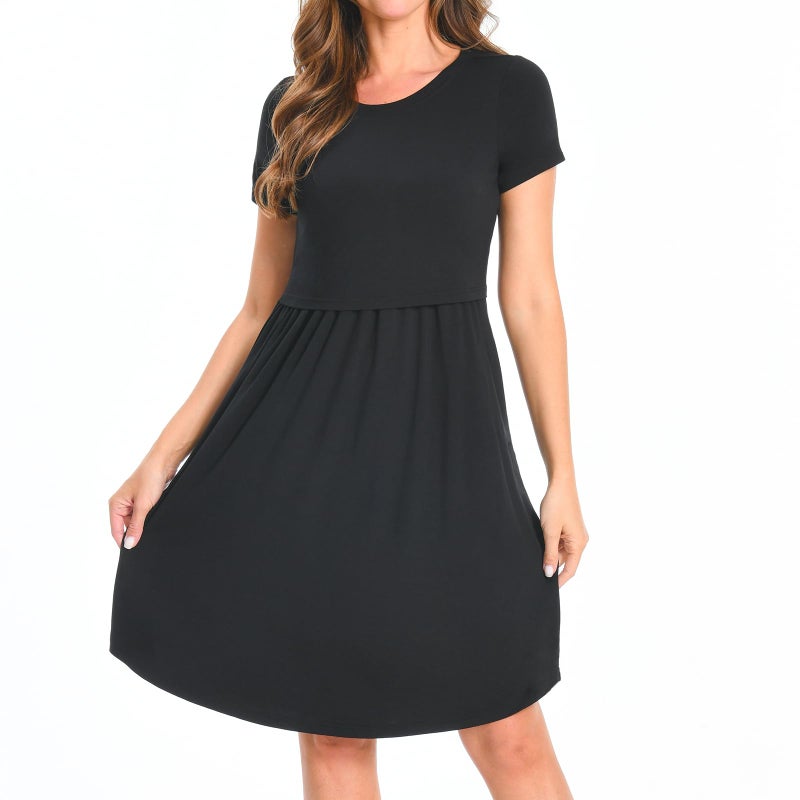 Bearsland Women's Short Sleeves Maternity Dress Nursing Breastfeeding Dresses with Pockets,Black,s - Image 2